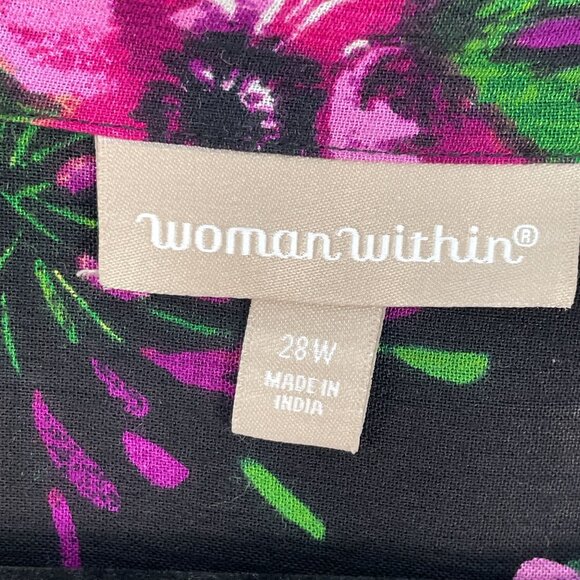 Woman Within Plus 28W Black Floral Long Button Up Maxi Dress Roll Tab Sleeve - Picture 3 of 9